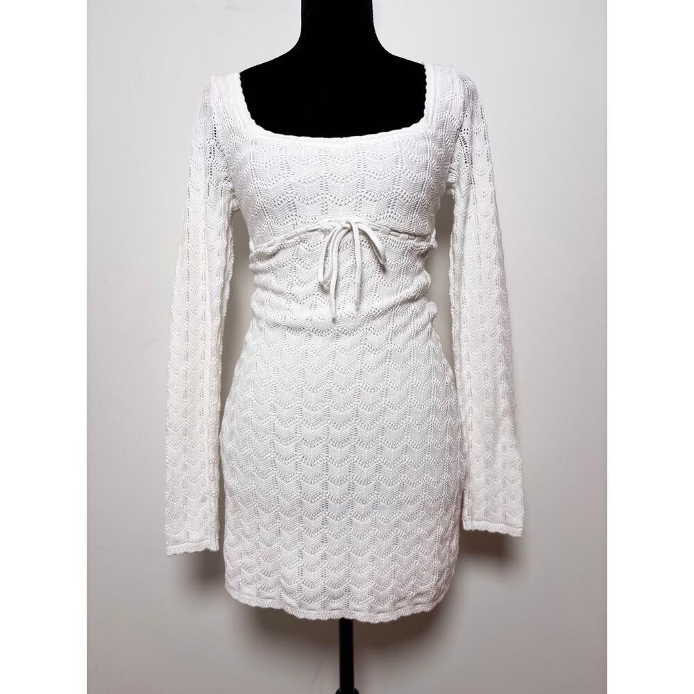 Hollister White Open Knit Long Sleeve Fitted Minidress Beach Coverup